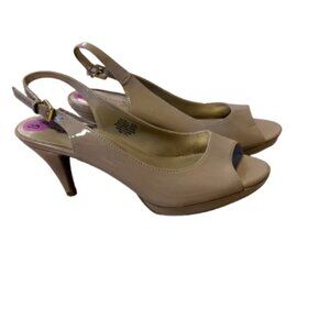 Bandolino Tan Patent Peep Toe Sling Back Heels - 8.5